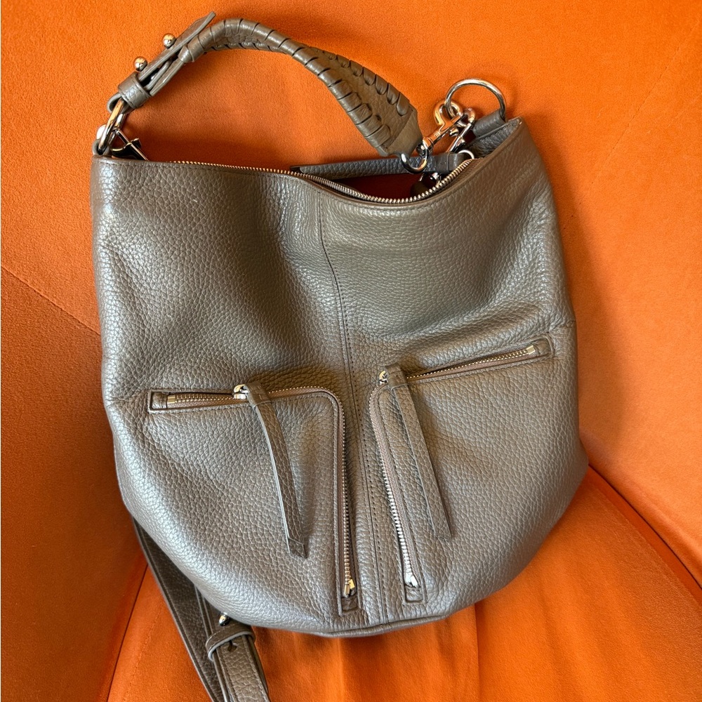 AllSaints Pebbled Leather Hobo in Taupe Gray with Braided Handle